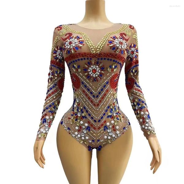 Palco desgaste sexy brilhante colorido strass pérolas dança bodysuit noite aniversário celebrar traje baile de formatura dançarino coleções