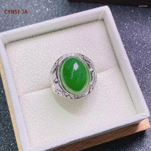 Anéis de Cluster Cynsfja Real Certificado Natural Hetian Jasper Nephrite Homens Lucky Green Jade 925 Prata Ajustável Presentes de Alta Qualidade