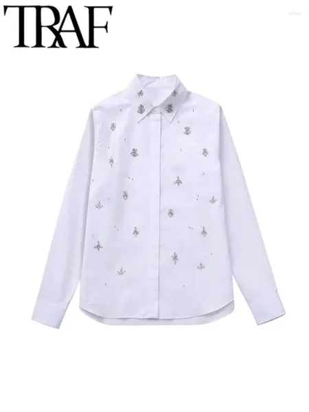 Blusas femininas moda elegante frisado embelezado blusa casual feminina 2023 outono manga longa camisa solta feminino topo y2k branco