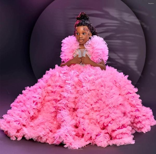 Платья для девочек, 2024 г., розовое роскошное бальное платье с цветочным принтом, тюлевые ярусы, винтажное платье Little Peageant, платье на день рождения, крестины, платья