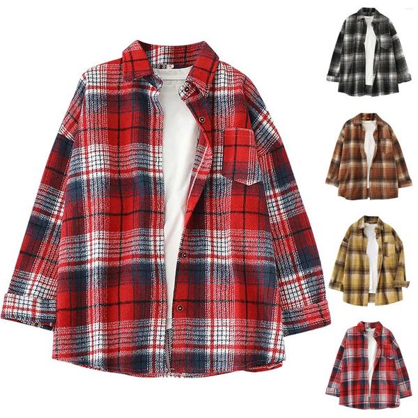 Jaquetas femininas inverno para mulheres 2023 jaqueta xadrez de flanela botão de manga longa para baixo camisas de bolso do peito Casacos roupas femininas roupas