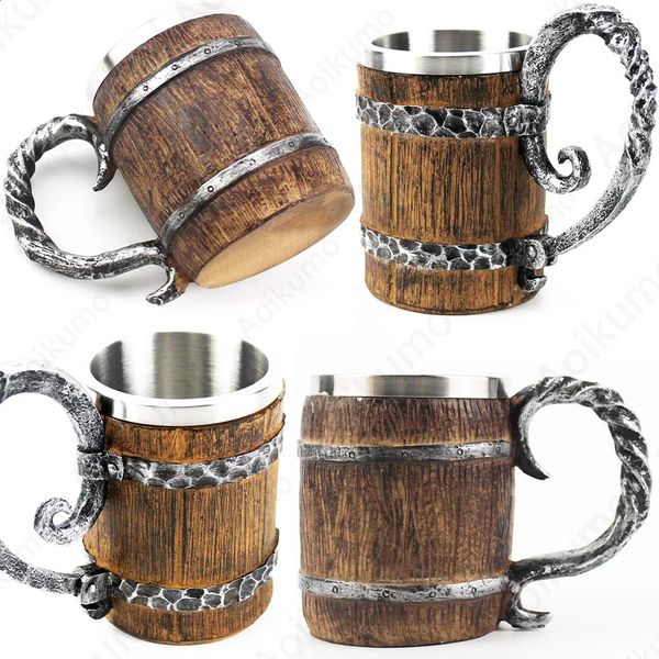 Objetos decorativos estatuetas imitação de madeira barril de aço inoxidável canecas de cerveja estilo viking copo de cerveja de madeira tankard drinkware como presente de Natal 231218