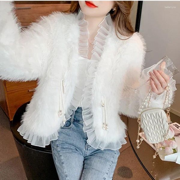 Frauen Pelz Faux Nerz Mantel Winter Frosch Schnallen Imitation Gras Bomber Jacke Flauschige Mesh Gespleißt Strickjacke V-ausschnitt Tops outwear