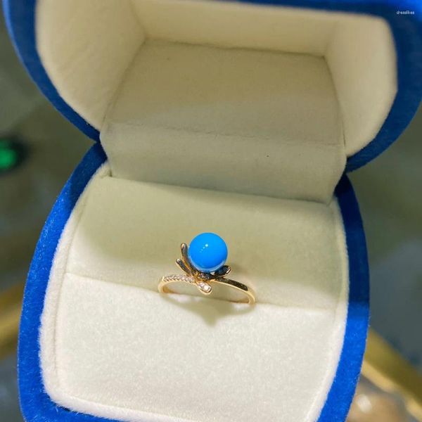 Cluster-Ringe JHY2024 G18K Massivgold 18K natürliche blaue Türkis-Edelsteine 7,1 mm Diamanten weiblich lässig sportlich