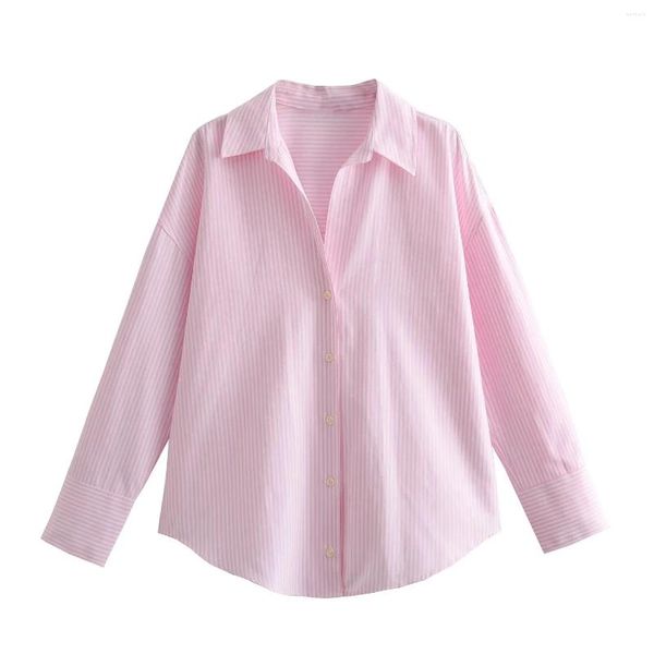 Blusas femininas 2023 camisas femininas vintage listra lapela com decote em v botão assimétrico bainha blusa mulher roupas de manga longa topo outono rosa