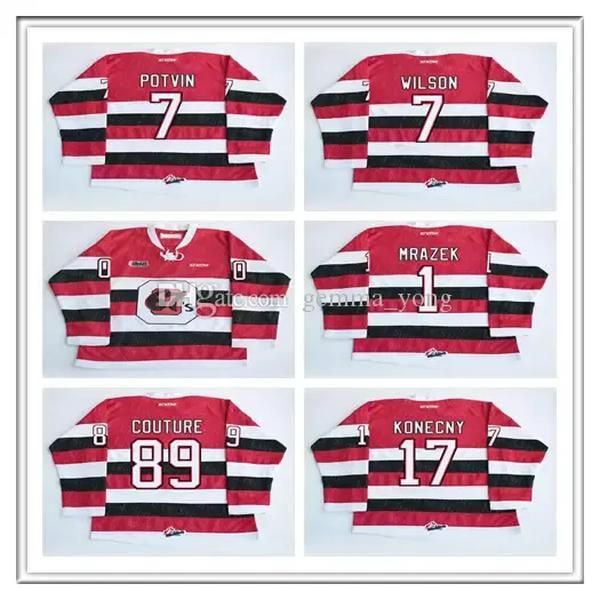 Personalizado CHL Ottawa 67S Jersey Hóquei 1 Petr Mrazek 17 Travis Konecny 89 Logan Couture 7 Potvin Wilson Costurado OHL CCM Hóquei Jerseys Vermelho 34