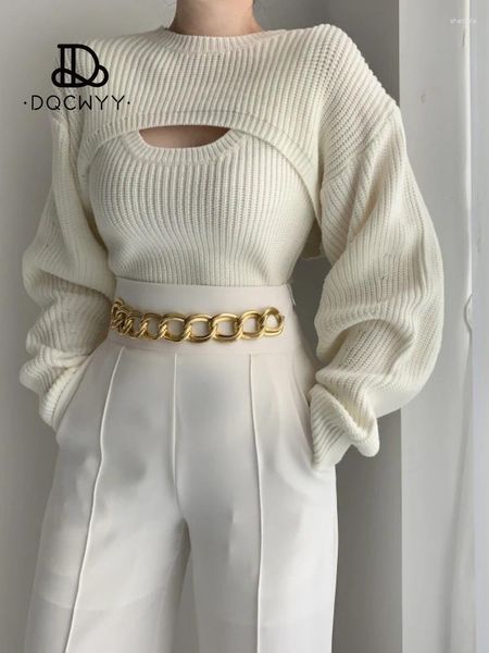 Blusas femininas camisola curta blusa de duas peças conjunto mulher coreano 2023 início do outono temperamento o-pescoço fino colete de malha casual vestindo