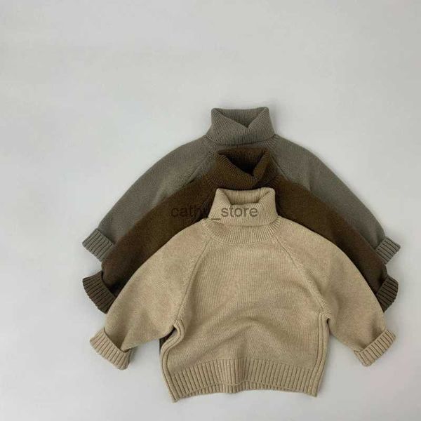 Pulôver infantil suéter de malha para meninos, pulôver de malha sólida para meninas, suéter de gola alta em malha L231215