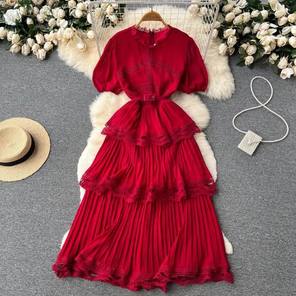 Partykleider Fastfashiongo Sommer Französisch Mode Elegante Damen 2023 Hohe Taille Puffärmel Chiffon Nähte Spitze Gürtel Kuchenkleid