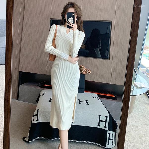 Casual Kleider Schwarz Weiß Sexy Gestrickte Pullover Bodycon Für Frauen 2023 Herbst Elegante V-ausschnitt Langarm Dünne Grundlegende Midi Kleid