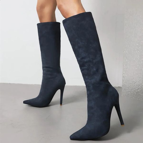 Botas de camurça feminina joelho botas altas sexy apontou toe sapatos de festa de salto alto senhoras calçados azul cinza inverno bota longa 231219