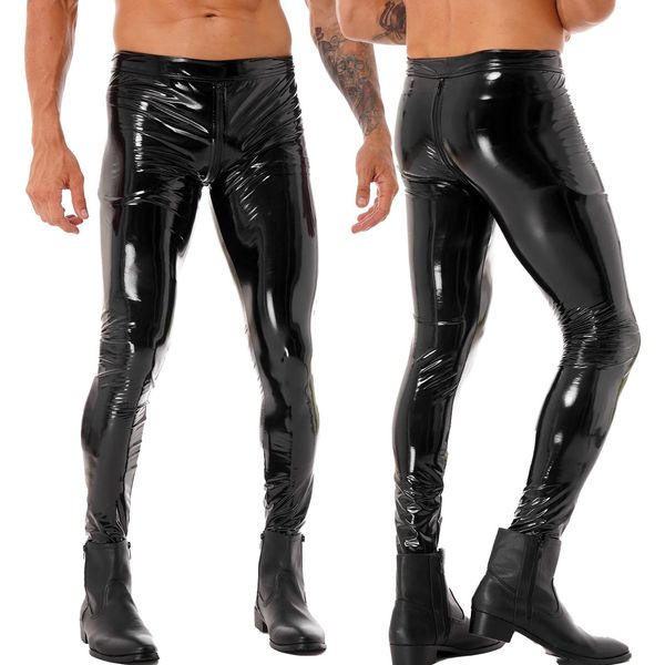 Calças pretas dos homens moto biker calças apertadas em dois sentidos zíper virilha calças molhadas olhar couro patente calças magras clubwear leggings