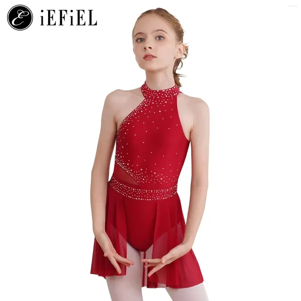 Abbigliamento da palcoscenico Per bambini Ragazze Luccicanti Strass Halter Figura Pattinaggio sul ghiaccio Vestito Concorrenza Costume Danza Ginnastica Body con gonna Dancewear