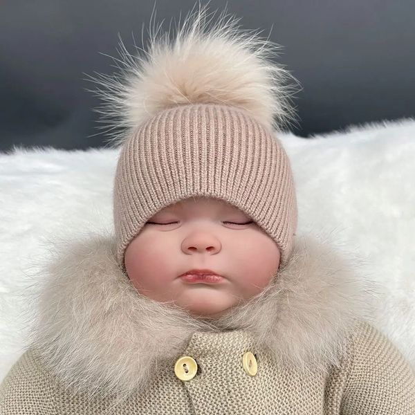 Hüte mit breiter Krempe MISSJANEFUR born Gestrickte, weiche, warme Angora-Mütze für Kinder, Jungen, Mädchen, Pelzbommel, niedliche Baby-Kleinkind-Mützen, Kinder-Mützenkappen 231218