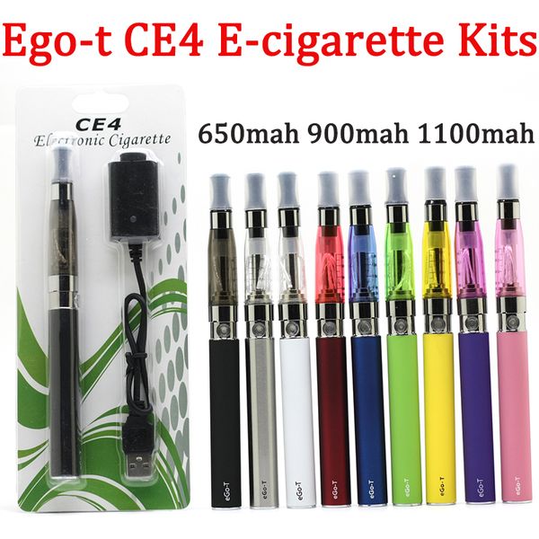 Ego-T Battery CE4 Стартовые наборы для электронных сигарет на 650 мАч 900 мАч 1100 мАч Емкость 10 цветов Распылитель Блистерная упаковка Комплект испарителя с USB-зарядным устройством Ego Vape Pen
