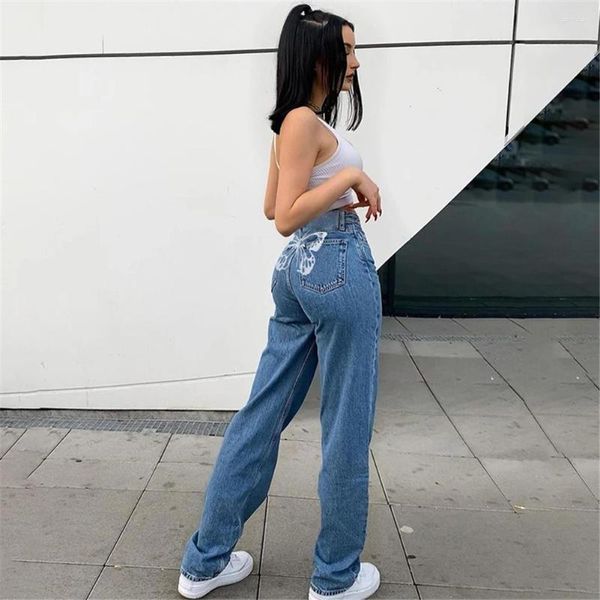 Calças femininas moda mulheres borboleta impressão cintura alta cintura reta jeans para festa férias namoro férias viajando streetwear S-2XL