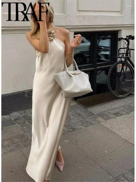 Sıradan Elbiseler Seksi Y2K 2023 Yaz Katı 3d Çiçek Çiçek Kadın Midi Uzun Elbise Parti Kolsuz Sırtsız A-line Kadın Yular