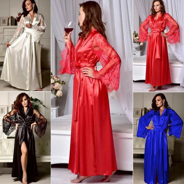 Nachtwäsche sexy Frauen Spitze Schlafkleid Damen Spitze Langarm Braut Kimono Robe Satin Seiden Nachtkleid NALLEDWEIE