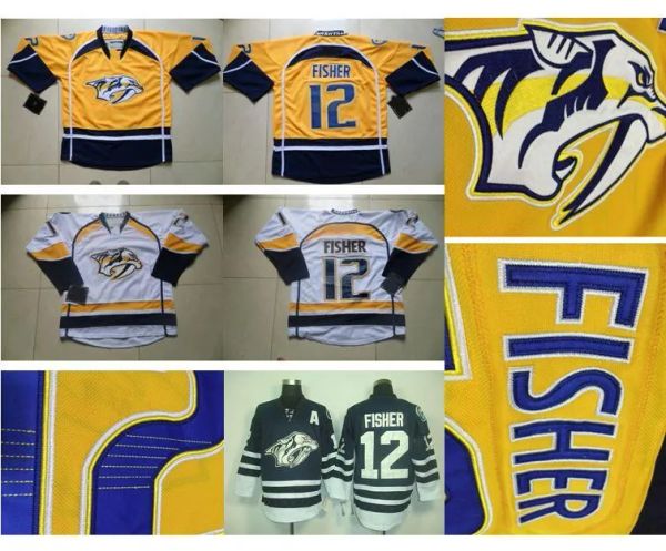 Tomada de fábrica nova chegada # 12 Mike Fisher Jersey Nashville Predators ouro amarelo azul marinho autêntico hóquei no gelo jerseys costurados 99