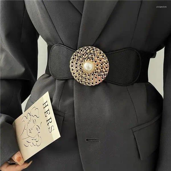 Gürtel Vintage breiter runder Metallschnalle Bund elastischer Taillengürtel Mode Perle für Anzug Kleid Cummerbunds Frauen