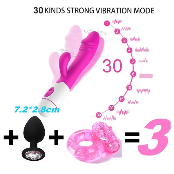 Vibratoren 3PCS SET 30Speed wiederaufladbare Handheld Silikon Erwachsene Klitoris Klitoris Klitoris Sexspielzeug G-Punkt Dual Motor Kaninchen Vibrator für Frauen 231219
