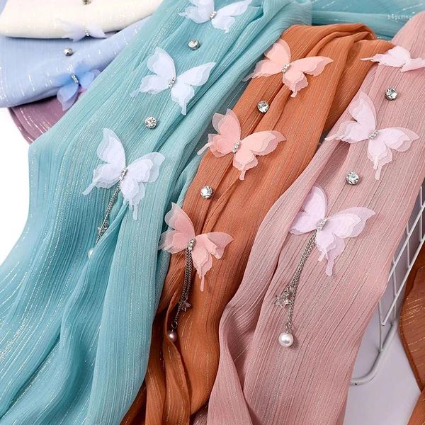 Ethnische Kleidung Damen Hijabs Perlen Chiffon Schmetterling Quaste Perlen Schal Für Frauen Muslimische Tücher Winddichtes Stirnband Zubehör