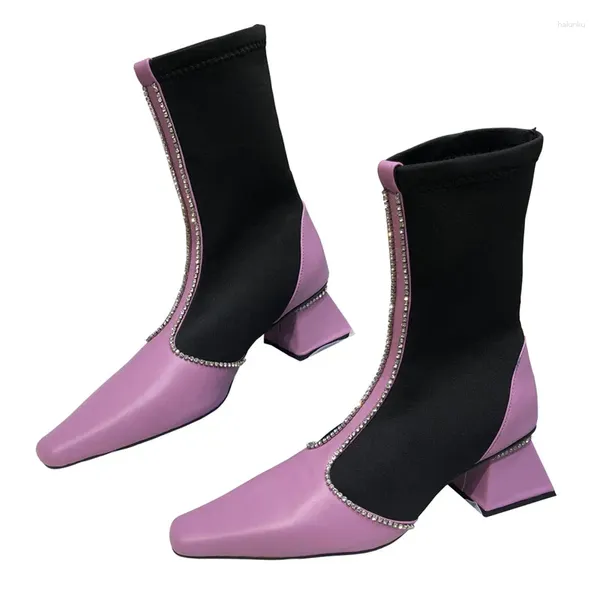 Botas elegantes cristal estiramento tecido meia lavanda dedo do pé quadrado deslizamento em botas de tornozelo retalhos grossos saltos médios 5 cm sapatos