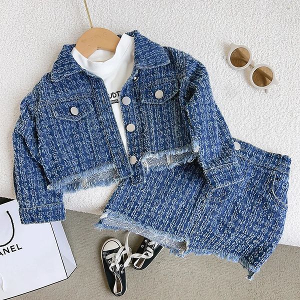 Conjuntos de roupas menina denim roupas conjunto coreano moda criança criança jaqueta saia 2pcs ternos outono primavera estilo casual outfit 231218