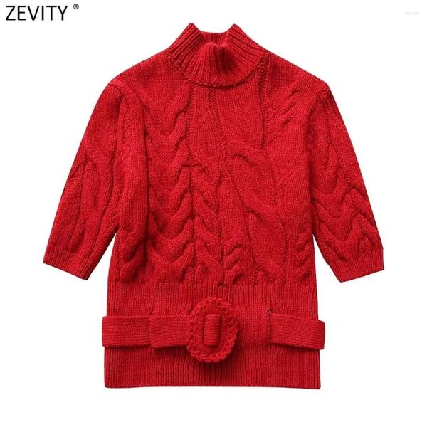Suéteres femininos Zevity Mulheres Moda Stand Collat Twist Crochet Knitting Sweater Feminino Chic Manga Curta Cinto Floral Slim Casacos Tops