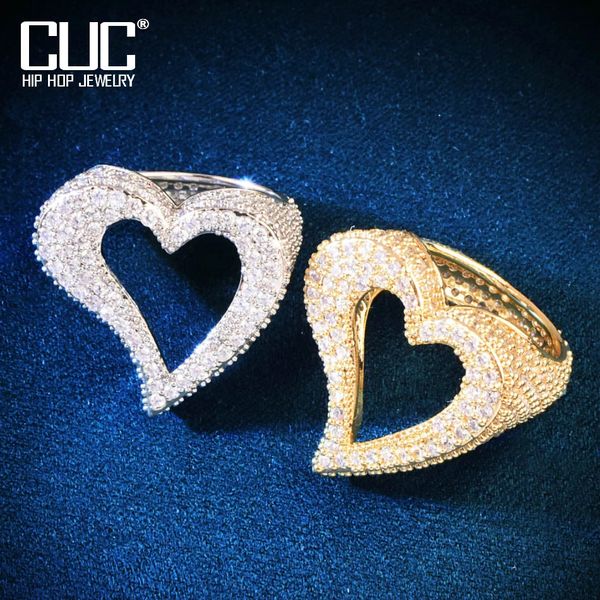 Anneaux de mariage CUC coeur creux femmes anneau glacé Zircon anneaux cuivre charme mode HipHop bijoux cadeau commémoratif 231218