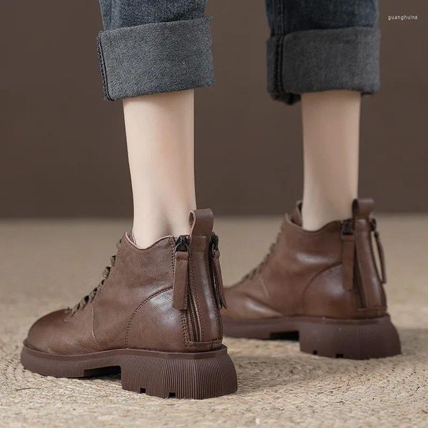 Винтажные короткие женские ботинки, осень/зима 2023, с круглым носком, в британском стиле, на шнуровке, на высоком низком каблуке, для внешней носки