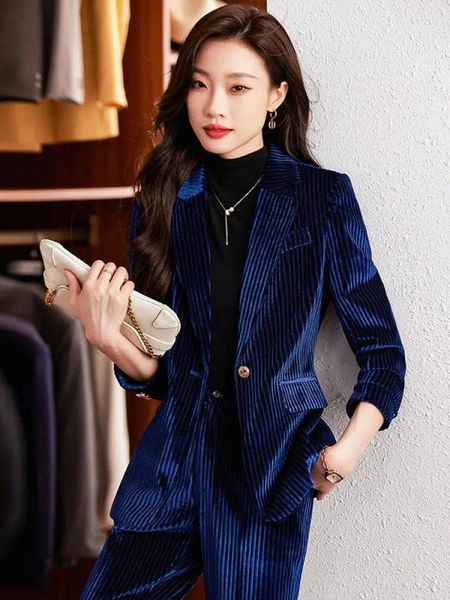Calças femininas de duas peças 2023 primavera outono mulheres negócios calça ternos formal elegante veludo único botão blazer jaqueta cintura alta magro