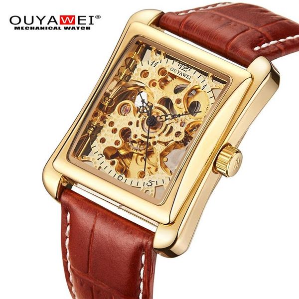 OUYAWEI Orologio Meccanico Da Uomo di marca Orologio Da Polso Cinturino In Pelle Vento Automatico Orologio Scheletrato In Oro Per La Cassa Rettangolo Sport Montre Homme246k