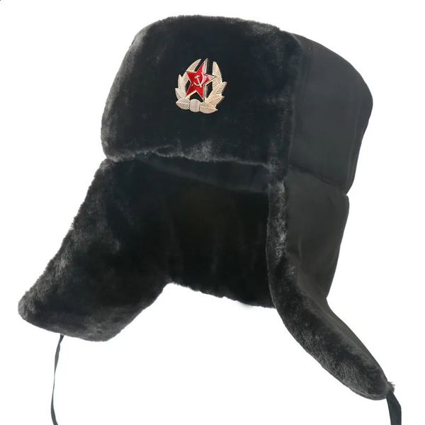 Cappelli da cacciatore Uomo Inverno Distintivo sovietico Lei Feng Russo Colbacco Cappello da esterno Caldo addensare finta pelliccia di coniglio Berretti da neve antivento 231219