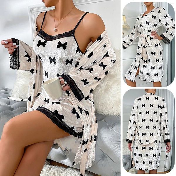 Kadın pijama bayanlar askonuk pantolonlar moda taklidi takılır ipek bowknot baskı ev kıyafetleri kadınlar için sweatshirt