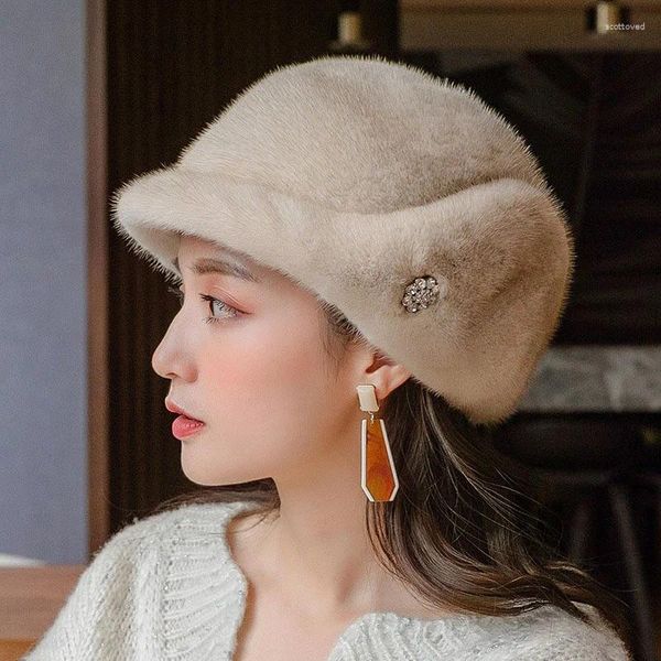 Berets 2023 inverno quente boina natural vison cabelo na moda feminina moda chapéu russo casual pele coreana