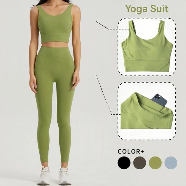 Active Sets Nahtloses Yoga-Set für Damen, Lycra, Fitnessstudio, Sport-BH, halbfeste Körbchen, Workout-Tops, Anti-Roll-Leggings mit Taschenstrumpfhose