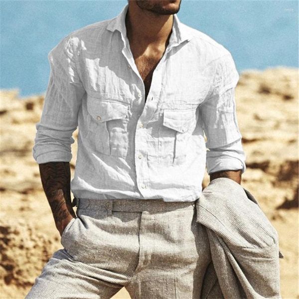 Magliette da uomo Camicia con colletto in lino e cotone a maniche lunghe abbottonata perfetta per feste casual primavera estate autunno e abiti quotidiani