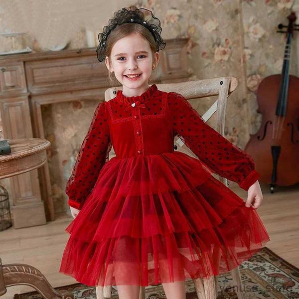 Abiti da ragazza Estate Lolita Costume per bambini Vestiti per ragazze Torta di velluto rosso Abito midi Abiti per adolescenti Vestito da principessa per feste 12 13 15 anni