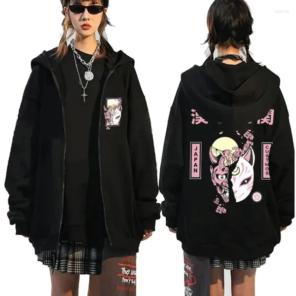 Felpa anime con cappuccio maschile Hannya maschera con cappuccio con cappuccio futuristico kitsune zip up giacca streetwear manga unisex