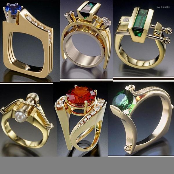 Anéis de cluster Hoyon 18k cor de ouro moda rubi topázio feminino pérola anel masculino anillos bijoux hip hop premium jóias presente caixa