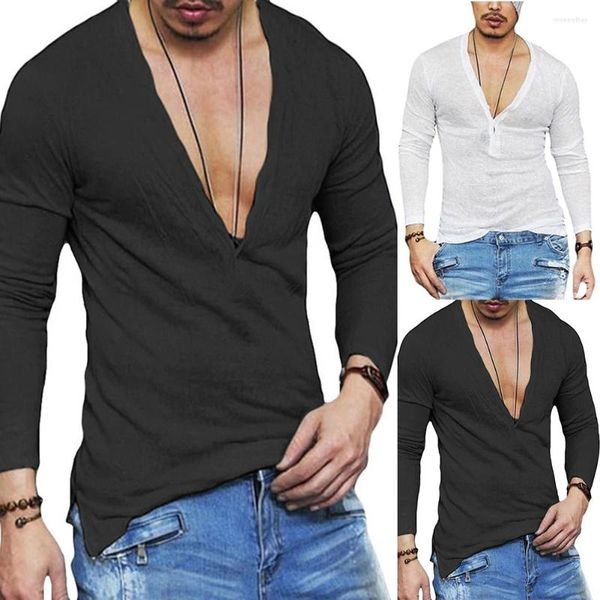 Homens camisetas Mens Plain Slim Fitness Manga Longa T-shirt Profundo V Neck Button Tops Muscle Tee Blusa Ver através Masculino Casual Tees