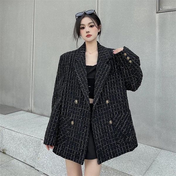 Ternos femininos unxx 2023 outono inverno pequena fragrância estilo oversize terno jaqueta preto de malha blazer casaco feminino menina senhora