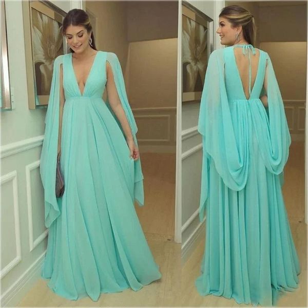 Vintage azul noite pageant vestido 2024 com decote em v sem costas boné mangas chiffon dubai árabe feminino baile de formatura vestidos formais robe de soiree