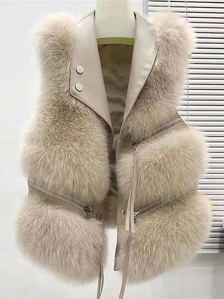 Jaqueta de couro falso de pele feminina 2024 primavera rua moda magro sem mangas botões com zíper senhora colete outono casaco fofo