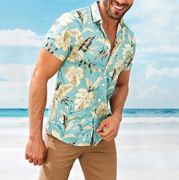 Camisas casuais masculinas para homens verão gola tira impressão manga curta botão camisa superior respirável praia havaiana chemise homme