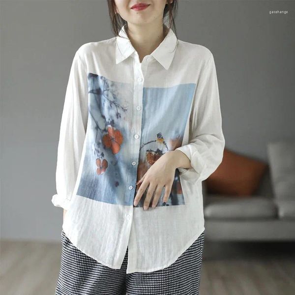 Blusas femininas 2023 primavera e outono moda tendência casual solto topo simples commuter arte retro impressão versátil camisa cardigan