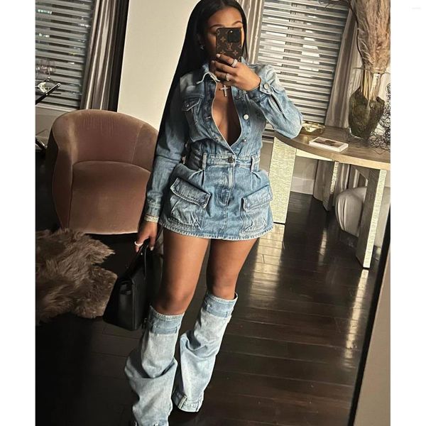 Arbeitskleider Denim Tasche Jean Jacken Kleid 2 Stück Rock Sets 2023 Winter Herbst Y2K Streetwear Sexy Elegante Cargo Zwei Set