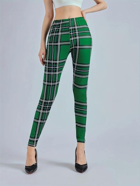 Pantaloni da donna Leggings casual Vita alta elasticizzata scozzese verde Comodo fondo in maglia stile coreano Inverni