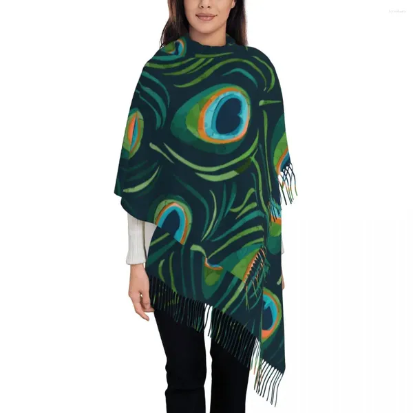 Lenços aquarela pavão pena cachecol mulheres outono pashmina xales e envoltório animal natureza grande com borla para vestido de noite